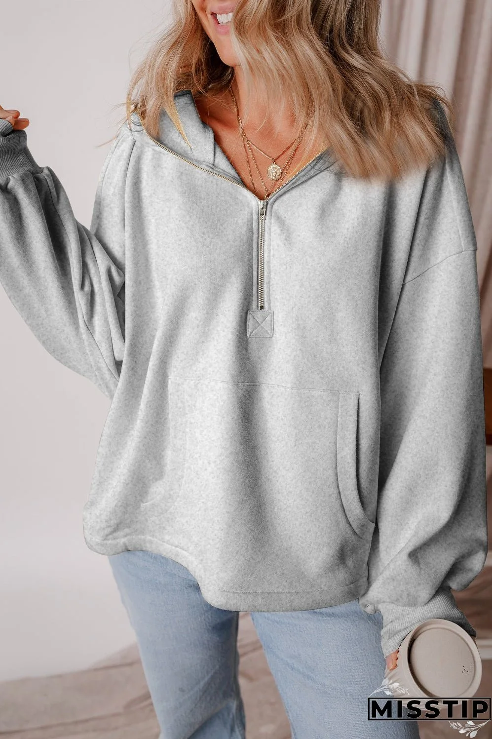 Pocketed Half Zip Dropped Shoulder Hoodie