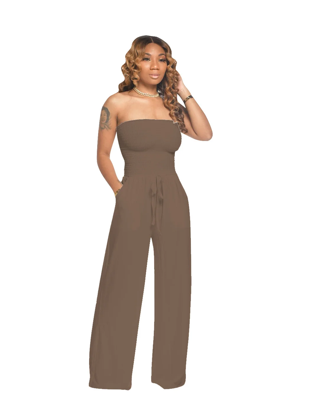 Toloer Toloer New Women's Casual Flat Shoulder Wrapped Chest Wide-Leg Jumpsuit-Outfit Ideas