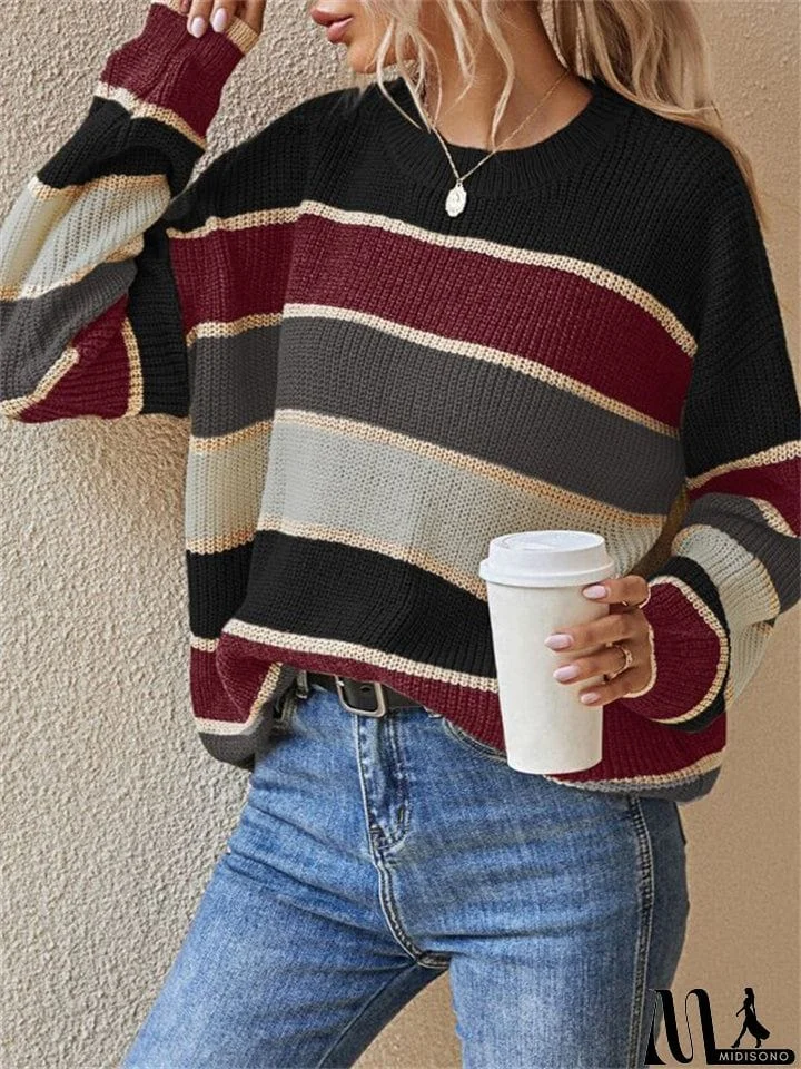 Stripe Contrast Color Round Neck Sweaters