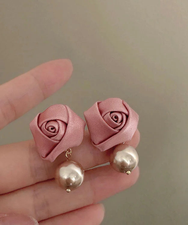 Classy Pink Copper Overgild Rose Pearl Fabric Drop Earrings
