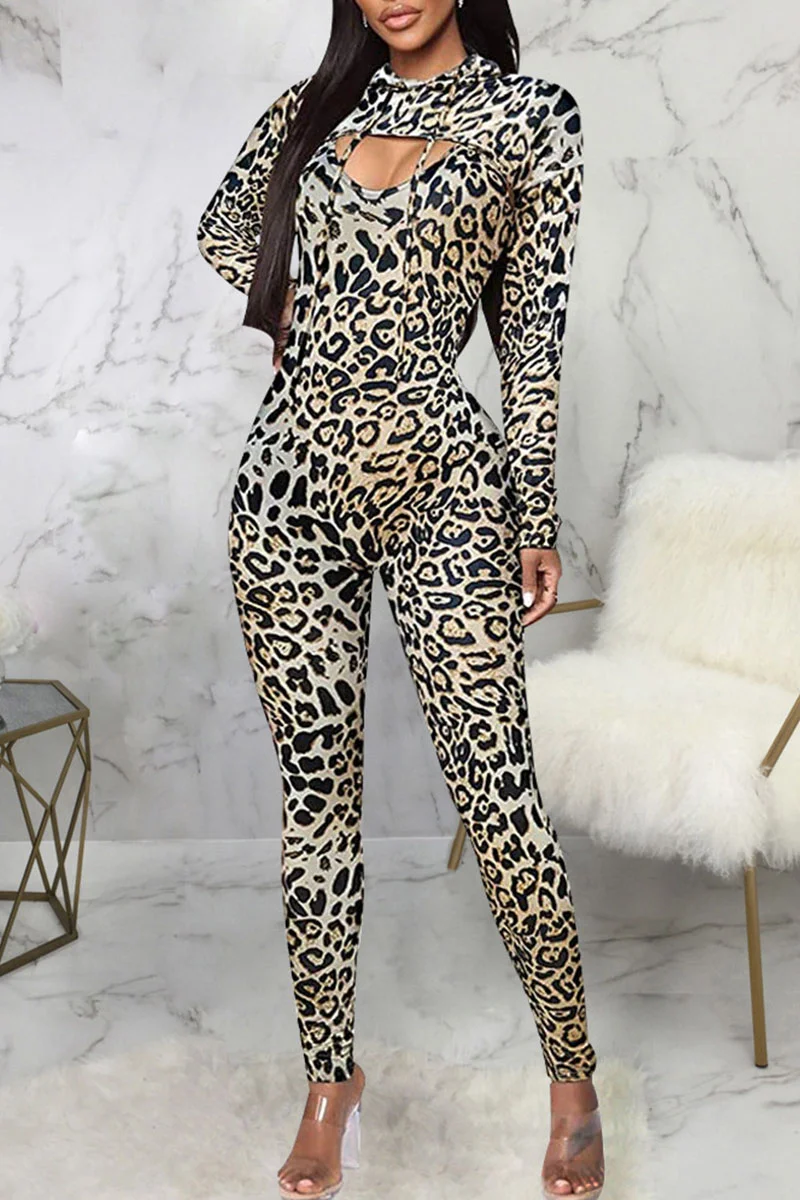 Leopard Print Sexy Print Patchwork Hooded Collar Long Sleeve Two Pieces | EGEMISS