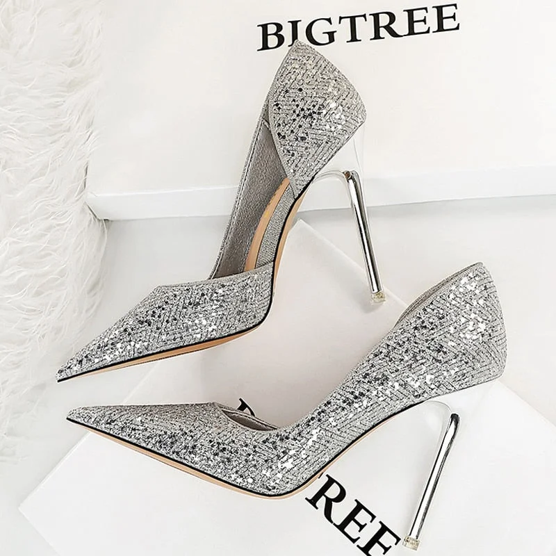BIGTREE Shoes Gold Sliver Woman Pumps Sequin Cloth Wedding Shoes Sexy High Heels 2022 New Pumps Women Stiletto Heels 10.5 Cm