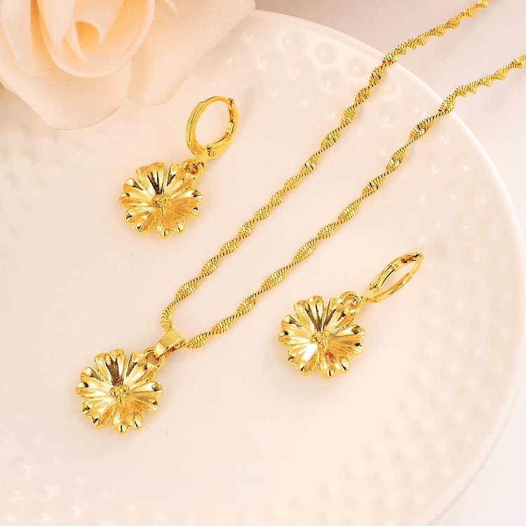 24k Dubai Fashion Jewelry Sets Necklace Flower Shape Pendant Earrings Jewelry
