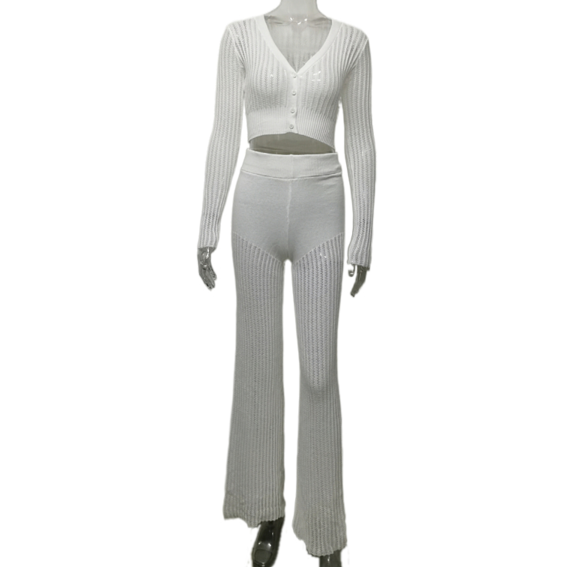 Ootddress Women Casual Knitted Sweater Outfits Buttons See-Through Long Sleeve High Waist Knit Two Piece Fashion Trousers Outfits