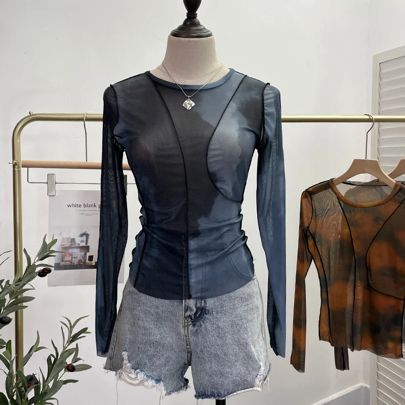 Uveng Sunset Sun Dyed Elastic Mesh Yarn T-Shirt Stacked With Long-Sleeved Top Press Line T-Shirt 8980