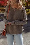 Women's Thick Dark Brown Contrast Cable Knit Sleeve Casual Sweater