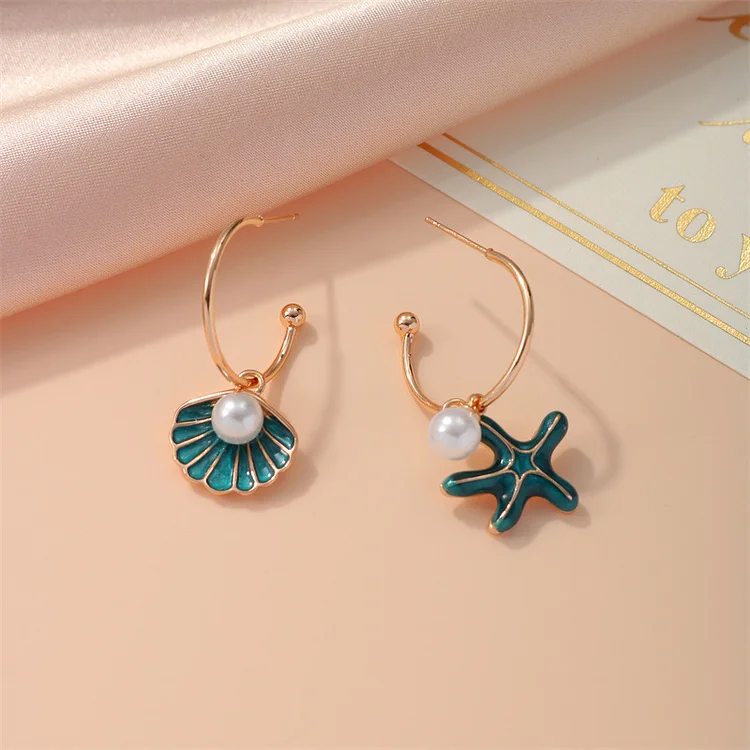 Cross Border Asymmetric Ocean Wind Earrings Pearl Shell Starfish Earrings Drip Oil Earrings Fashion Women's Accessories Wholesale