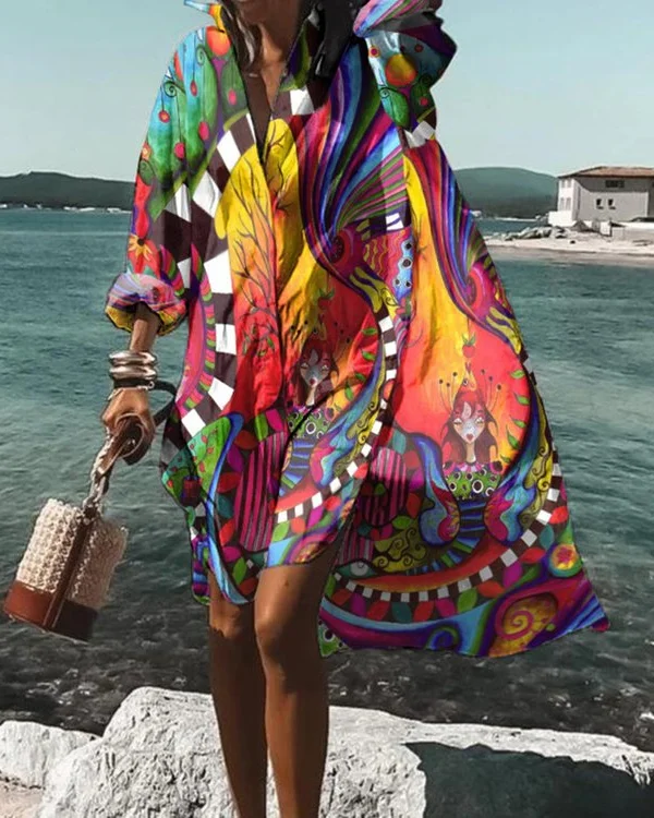 🔥kukelife🔥Abstract Hippie Print Loose Shirt Midi Dress