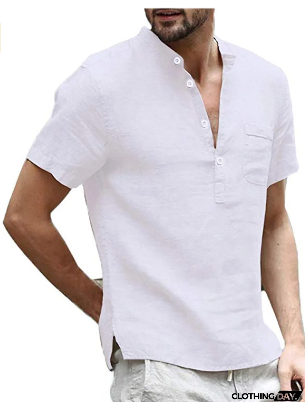 Summer Men Linen Short-Sleeved Stand Collar Buttoned Half-Open Shirt