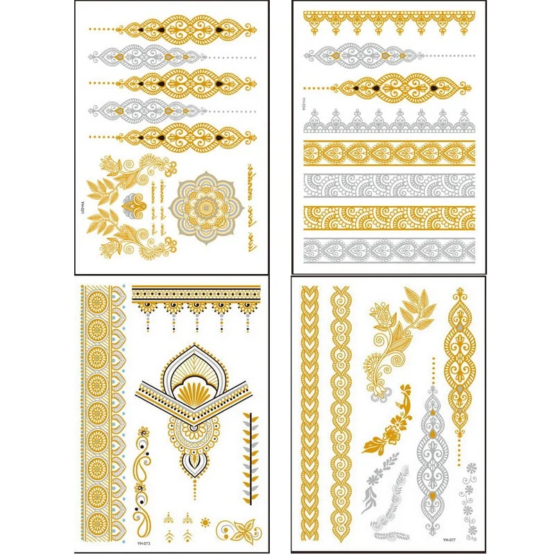 4pcs new Indian Arabic design golden silver flash tribal henna tattoo paste metalicos color metal tattoo set body hand Bride hot