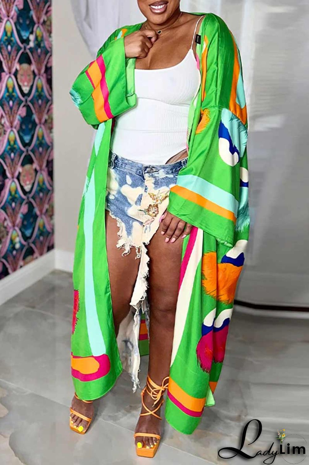 Yellow Fashion Casual Print Patchwork Outerwear(Without Belt)