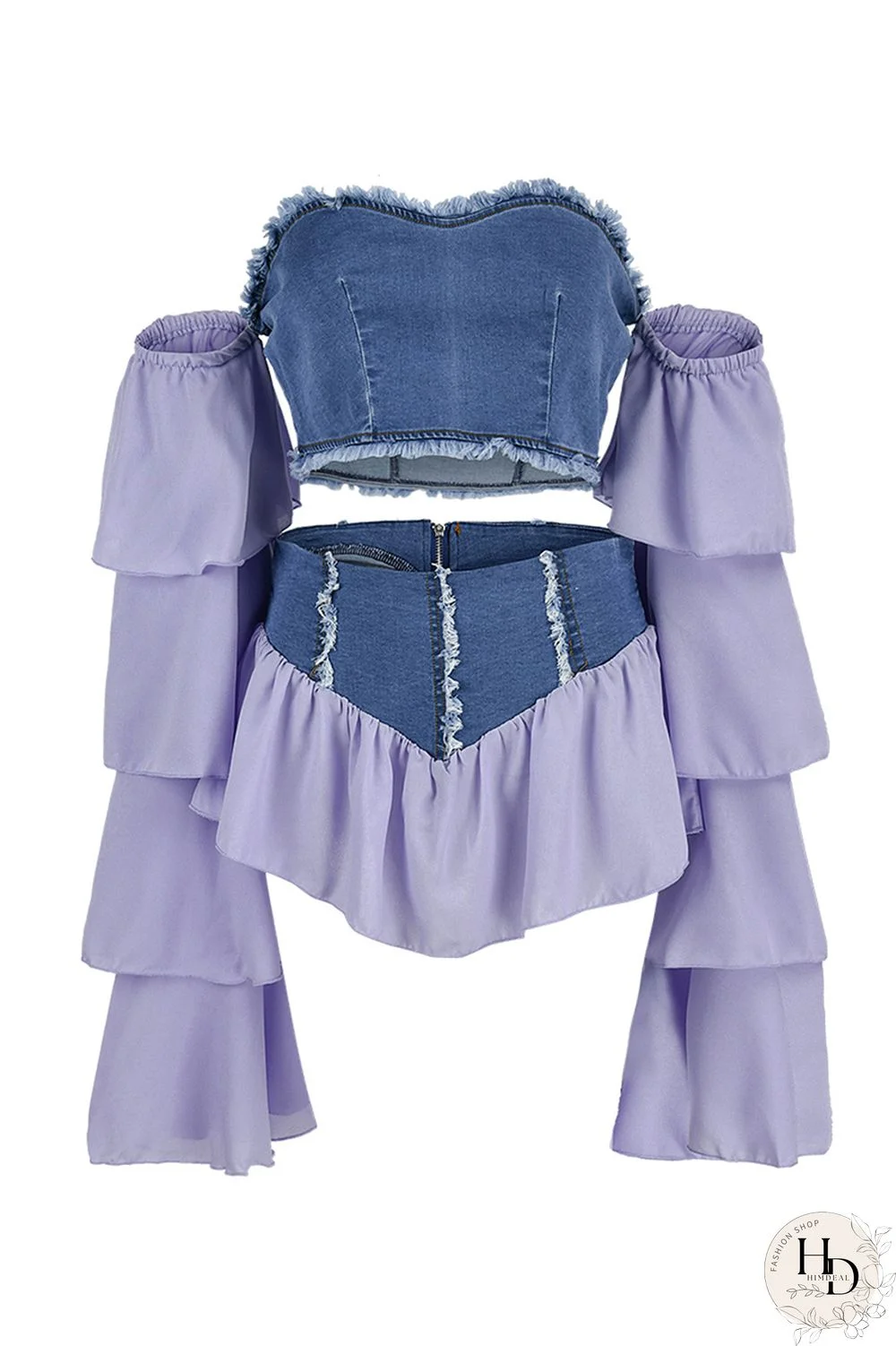 Yellow Fashion Sexy Patchwork Backless Off the Shoulder Long Sleeve Two Pieces