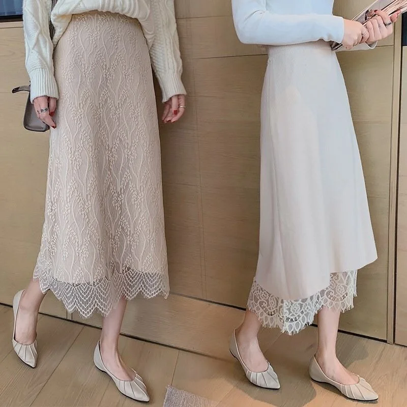 Uveng Uveng Autumn And Winter Lace Knitted Skirt Women With Sweater High-Waisted A Word Two Sides Wear Medium Long Wool Skirt Thick