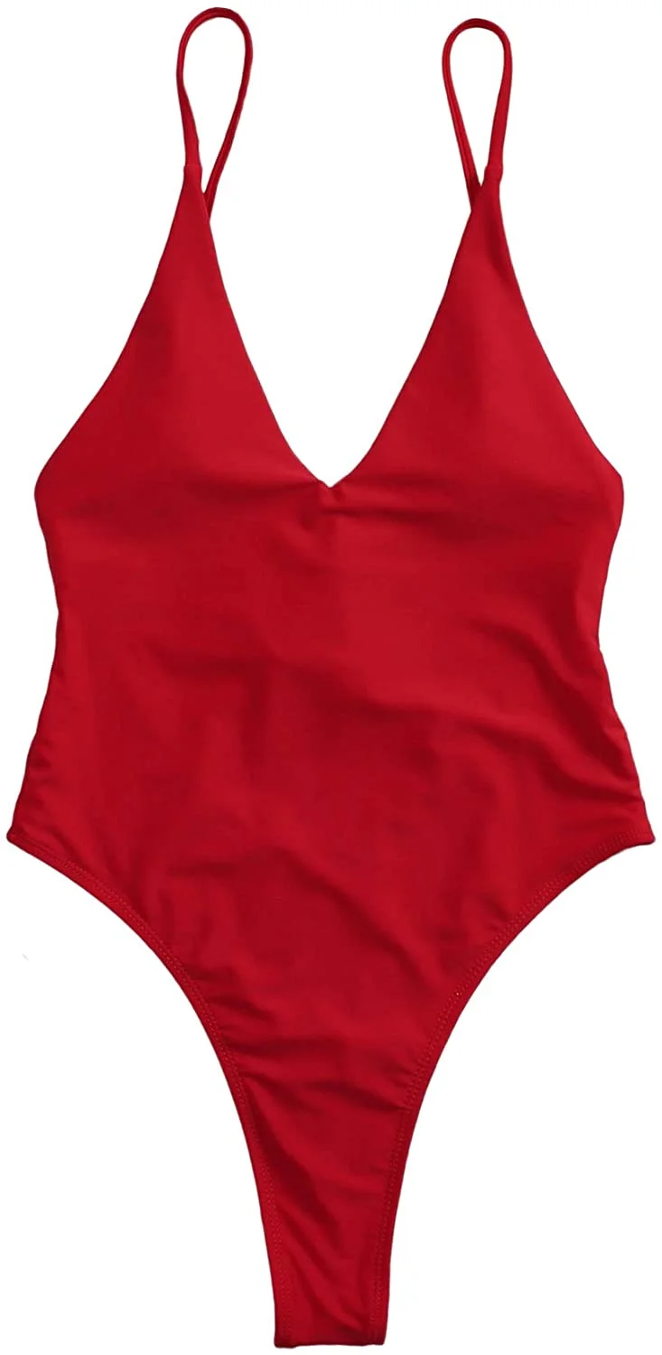 Women's Swimsuit Plunge Neck Cross Back High Cut One Piece Bathing Suits