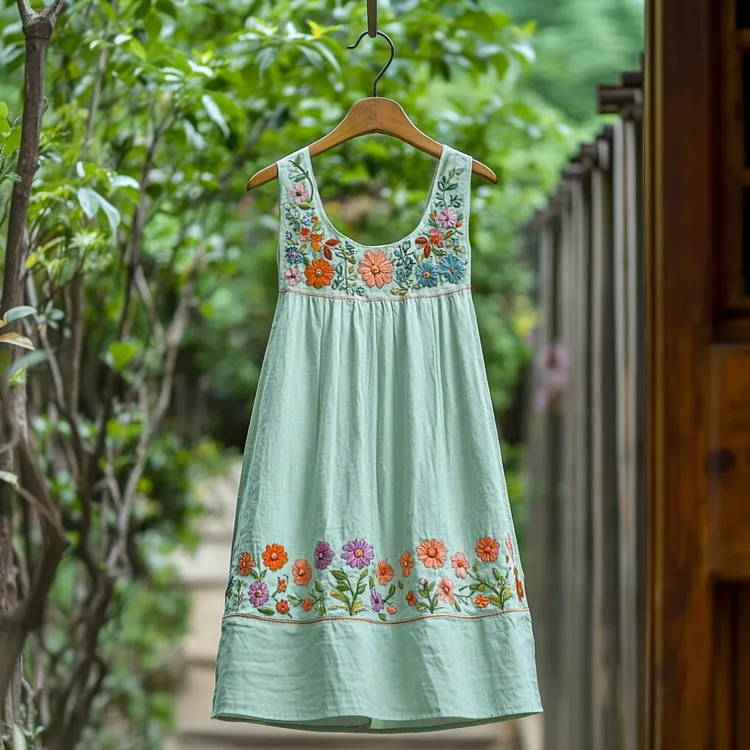 Women's Bohemian Floral Embroidered Linen Sleeveless Dress