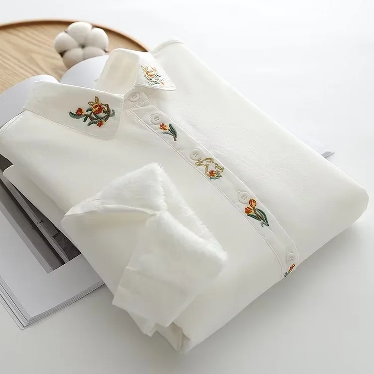 🔥kukelife🔥Vintage Forest Rabbit And Floral Embroidery Plush Insulation Comfy Shirt