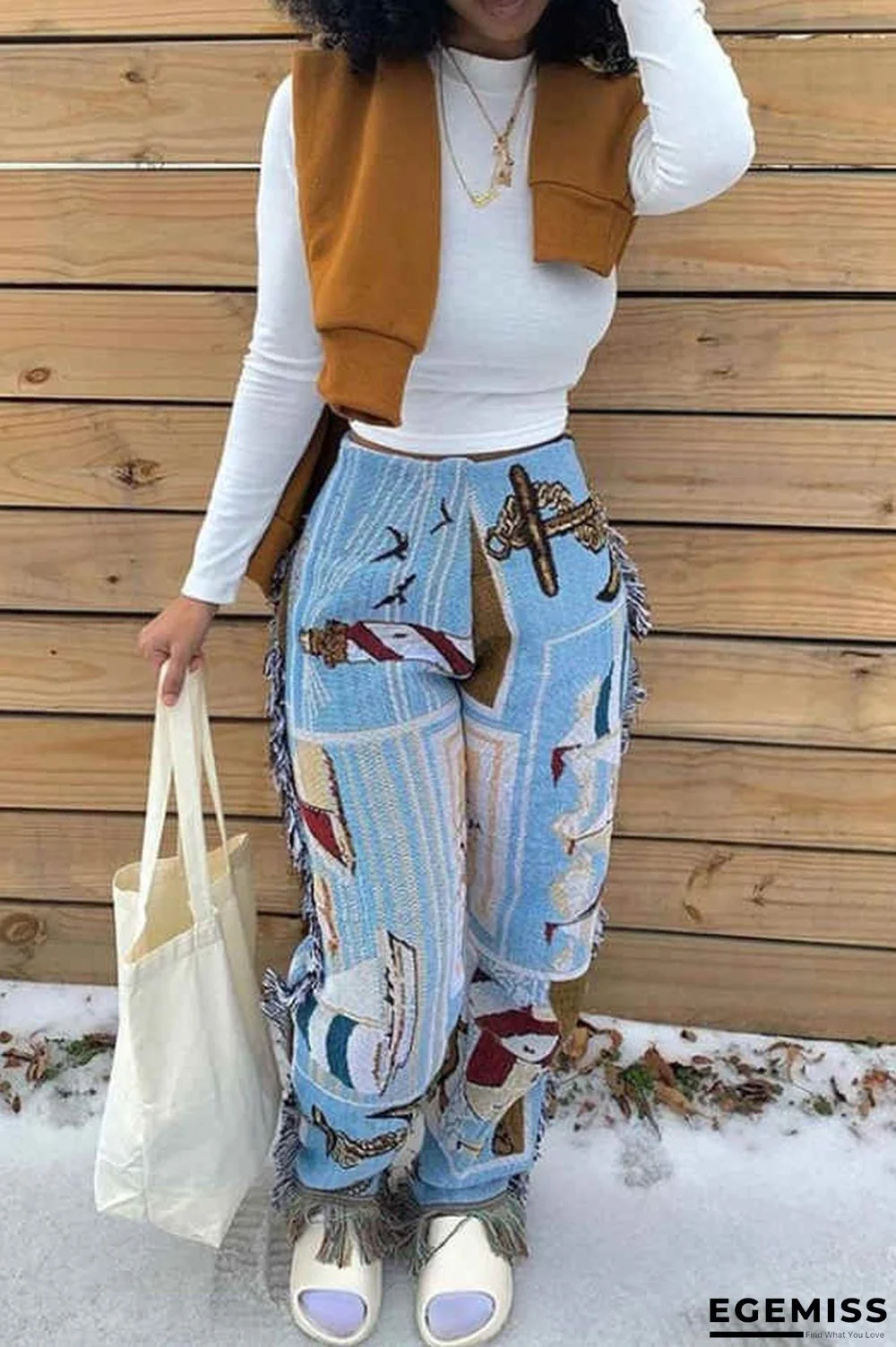 Fashion Casual Regular Print Fringe Edge Pants | EGEMISS