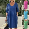Robe tunique unie en lin avec poches et col rond pour femme