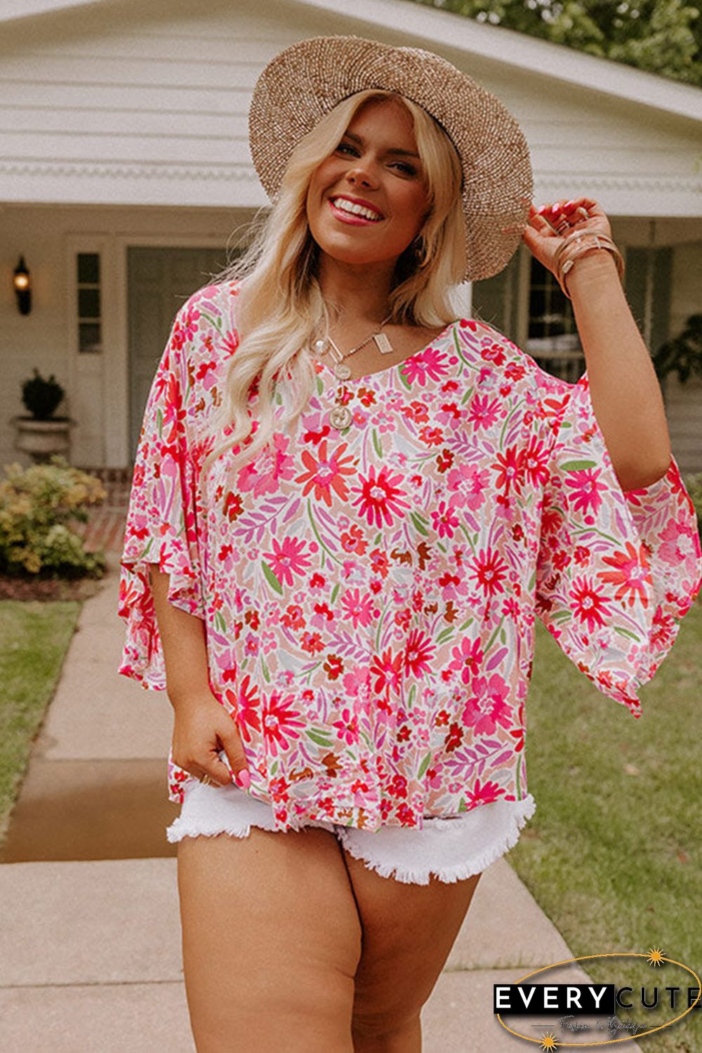 Pink Floral Ruffled Half Sleeve V-Neck Plus Size Blouse