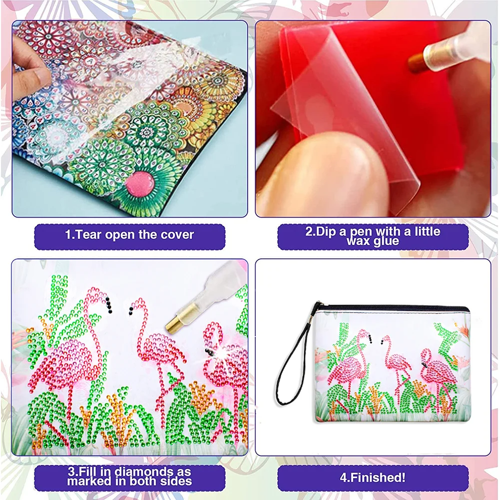 DIY Flamingo Diamond Art Cosmetic Bag Flowers Single Sided PU Women Clutch