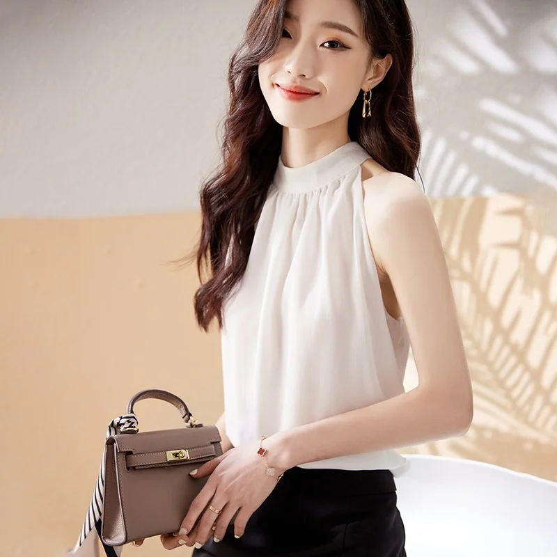 Woherb Woherb Shot Summer New Design Sense Small Crowd Outside Wear Beauty Shoulder French Hanging Neck Sleeveless Vest Female Jacket-Outfit Ideas