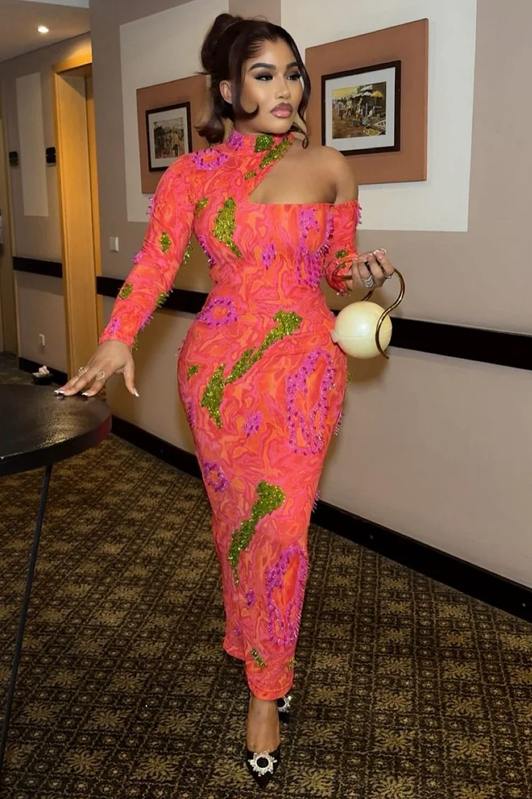 Irregular Neck Long Sleeve Sequin Pattern Party Maxi Dresses-Pink [Pre Order]