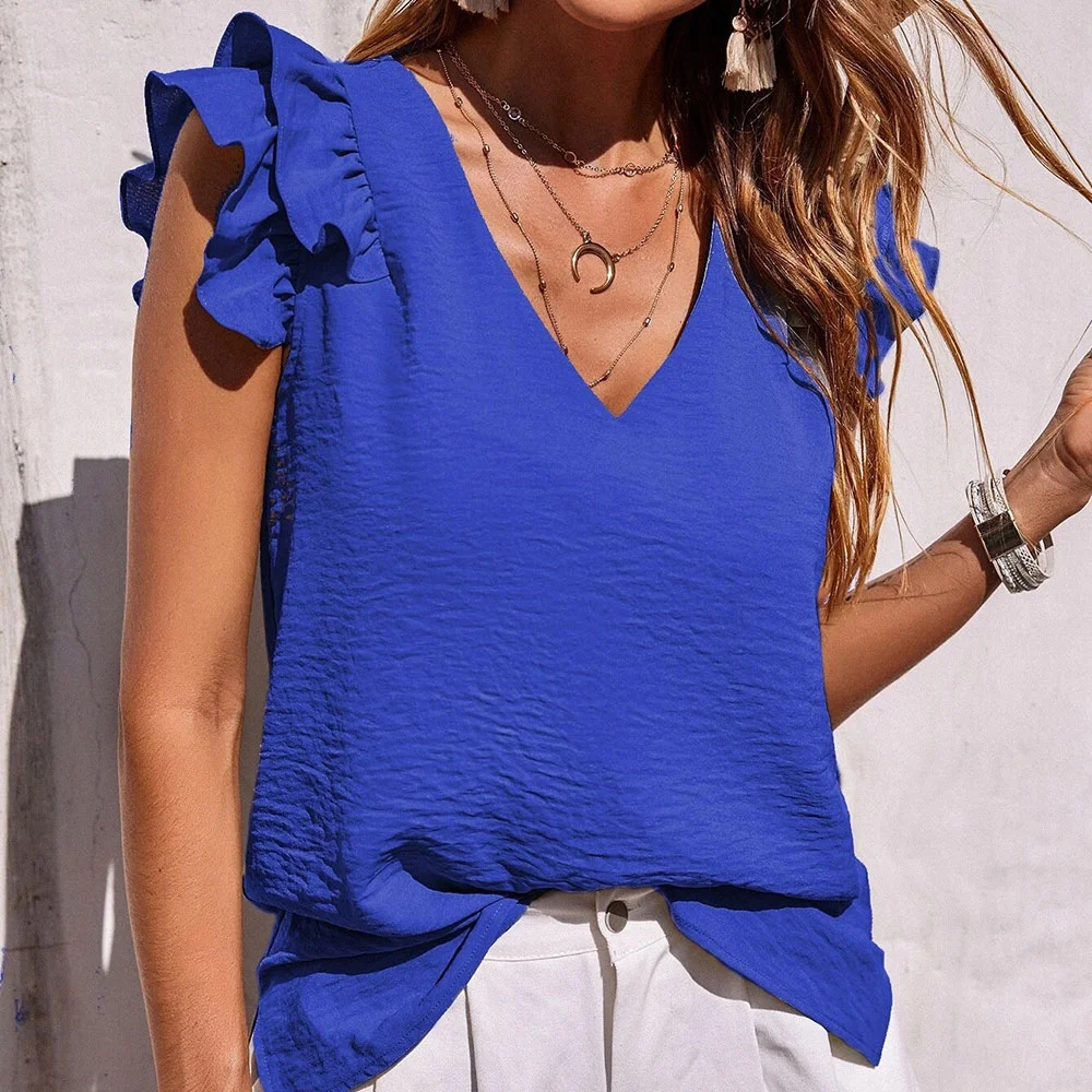 Smiledeer Summer new ladies casual V-neck ruffled sleeveless vest