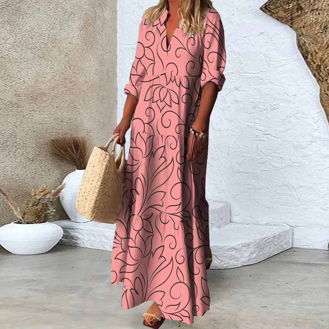 Women Geometric, Pink, Black DZDN0647 SPU Printed Long Sleeve V-neck Maxi Dress