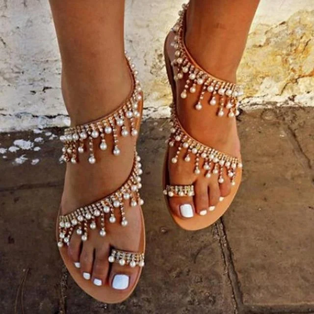 Bohemian Flat Beaded Pearl Summer Sandals