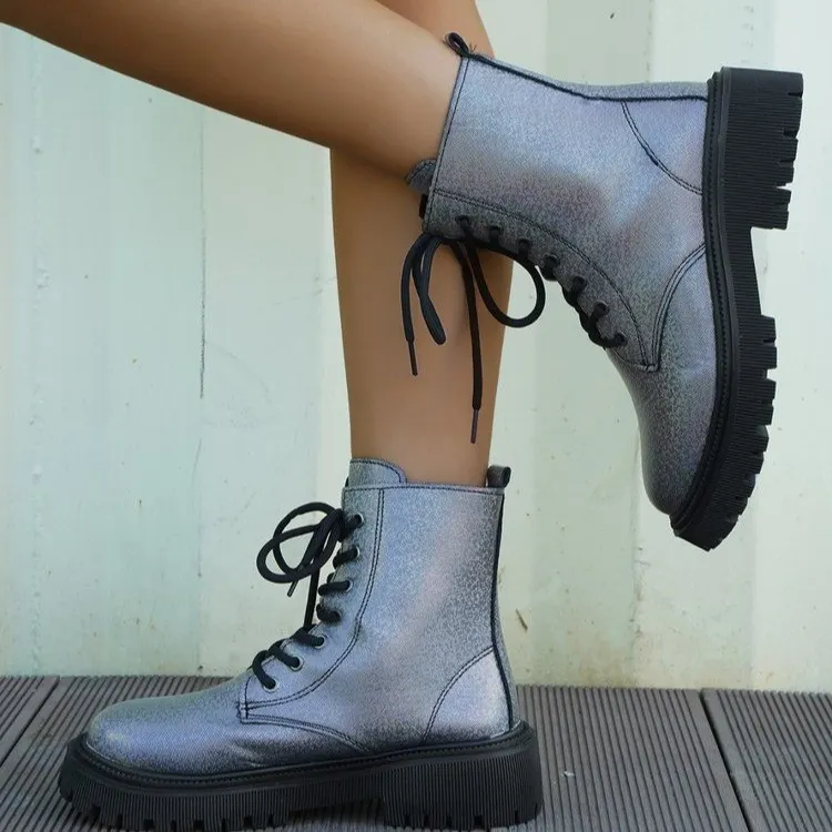 Breakj Breakj New Martin Boots Women's British Wind Thick Back Lace Mid-Sleesize Boots Women's Shoes Large Size Martin Boots