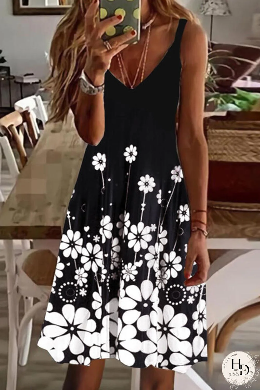 White Black Sexy Casual Print Backless V Neck Sling Dress