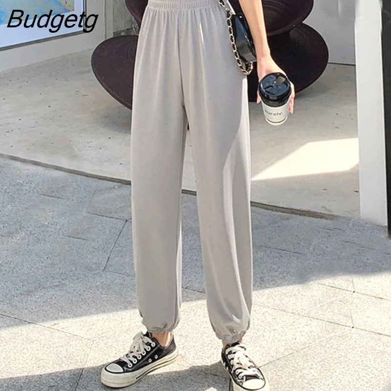 Budgetg Casual Loose Women's Harem Pants 2023 Summer New Elastic High-Waist Trousers Woman Comfortable Long Ice Silk Pants Ladies