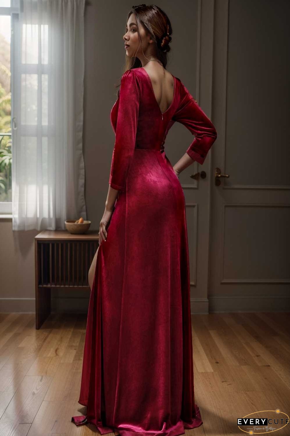 velvet 3 4 length sleeve illusion v neck front slit evening dress