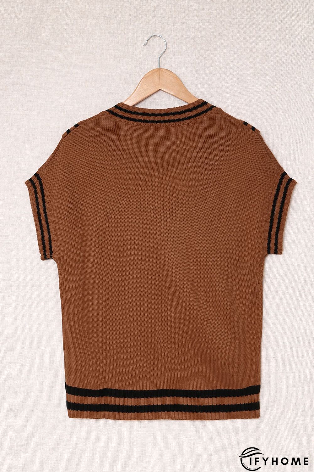 V Neck Contrast Stripes Trims Short Sleeve Sweater | IFYHOME