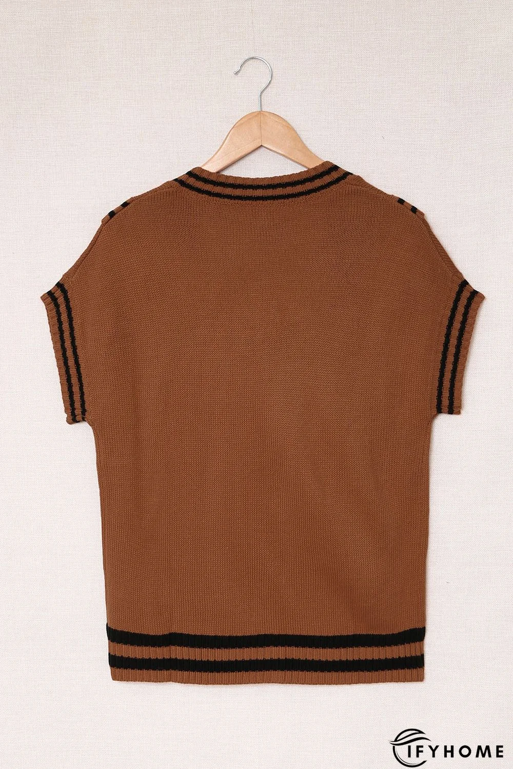 V Neck Contrast Stripes Trims Short Sleeve Sweater | IFYHOME