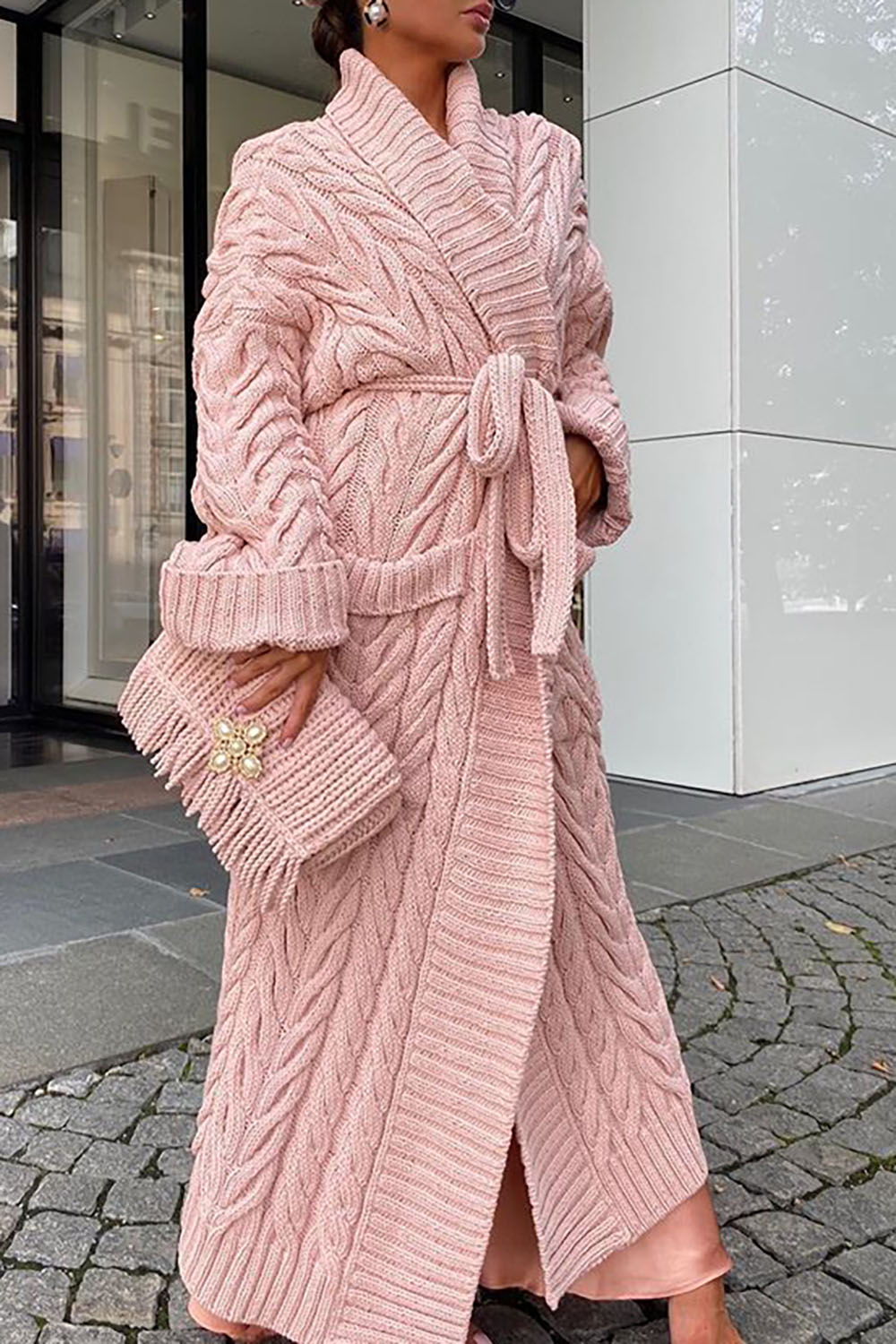 Plus Size Party Sweaters Elegant Pink Maxi Fall Winter Turndown Collar Long Sleeve Crochet Sweaters Cardigan