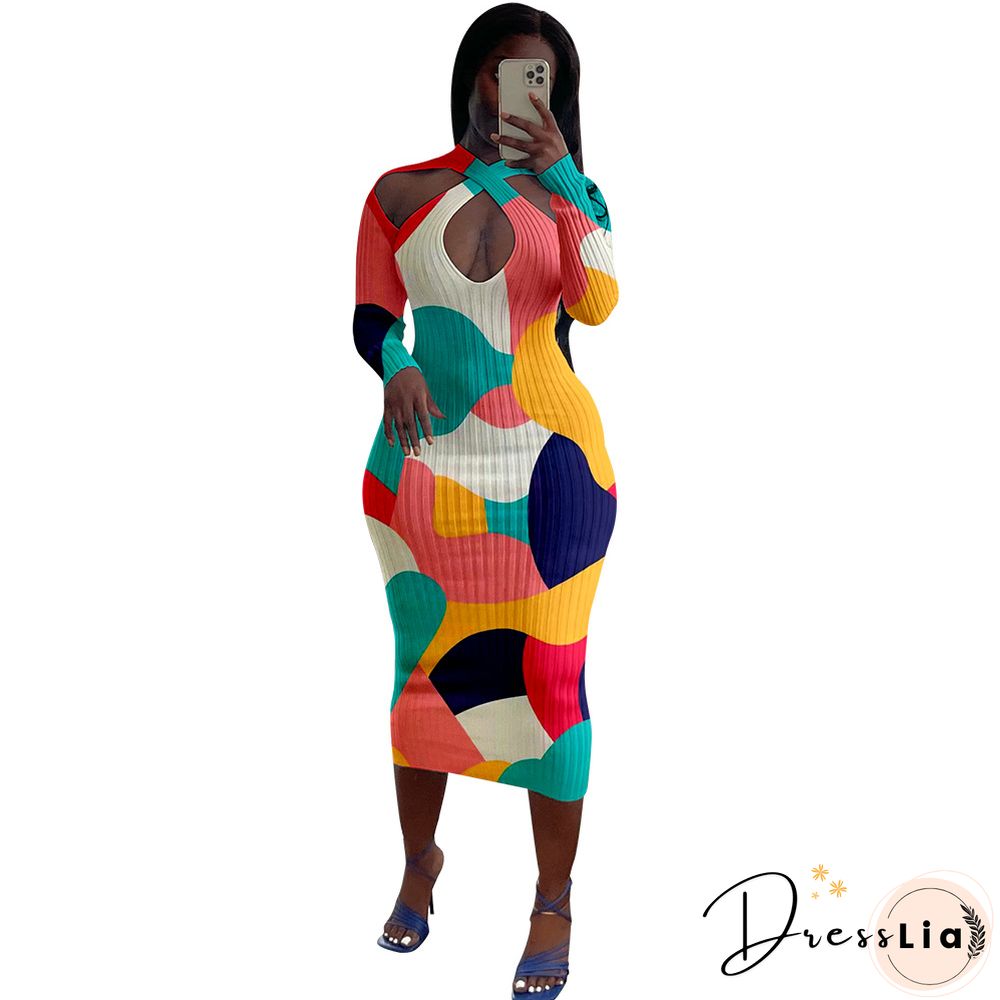 Long Colored Autumn Dress With Long Sleeves Pit Strips