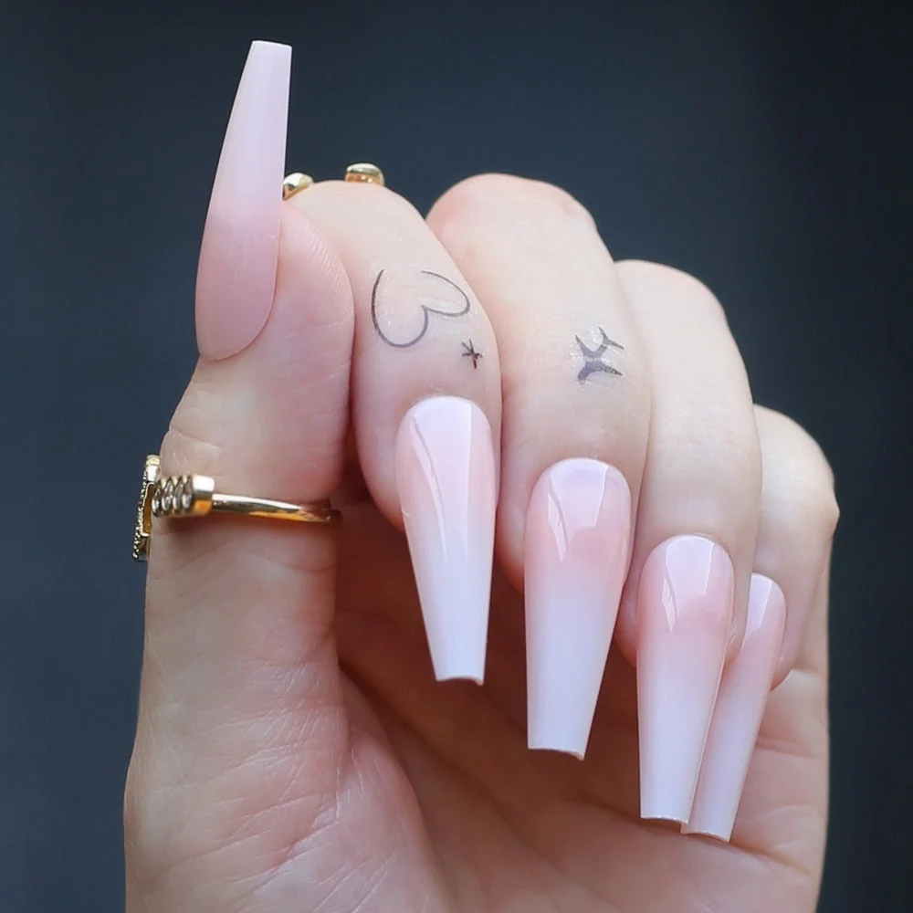 Luxury gel ombre Coffin Acrylic nails nude salon 24pcs fake nails ballet UV glossy reuse trapezoid Baby Boomer Gradient yellow-Nail Inspo