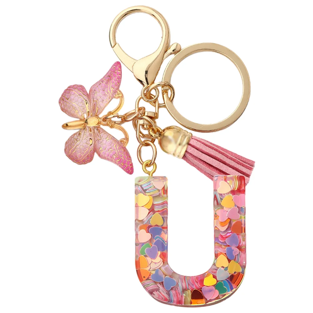 Resin Initial Letter Keychains Alphabet Letter Keychain Pink Tassel Butterfly Key Ring