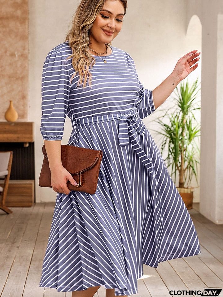 Plus Size Round Neck Striped Tie Waist Dress