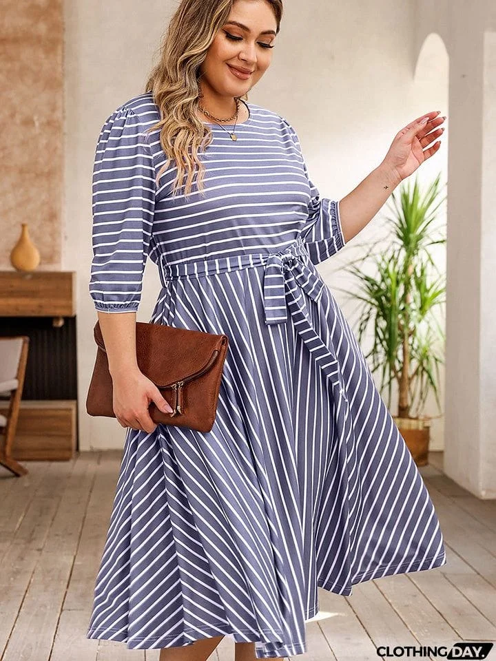 Plus Size Round Neck Striped Tie Waist Dress