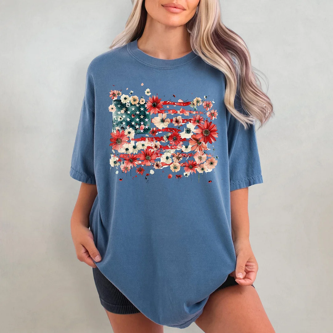 Floral American Flag 4th Of July T-shirt