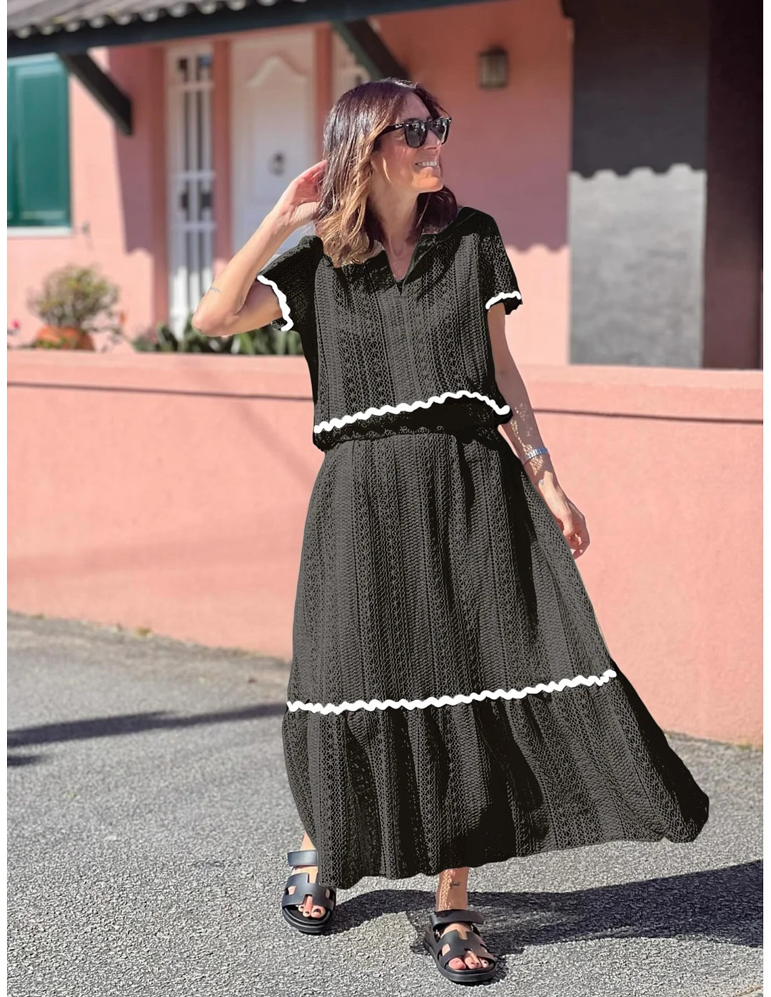 Brownm Brownm Summer New Women's Comfortable Casual Shirt Collar Lace Long Skirt Suit 88133