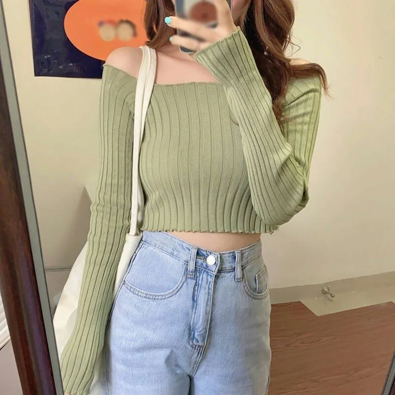Off shoulder knitting crop tops women sweaters long sleeve stretched ruffles hem tee Tops Women summer solid crop tees