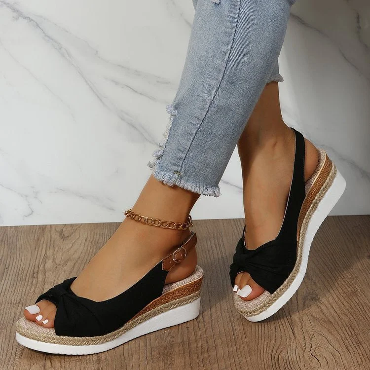 Women plus size clothing Bow Weave Fish Mouth Wedge Sandals-Nordswear