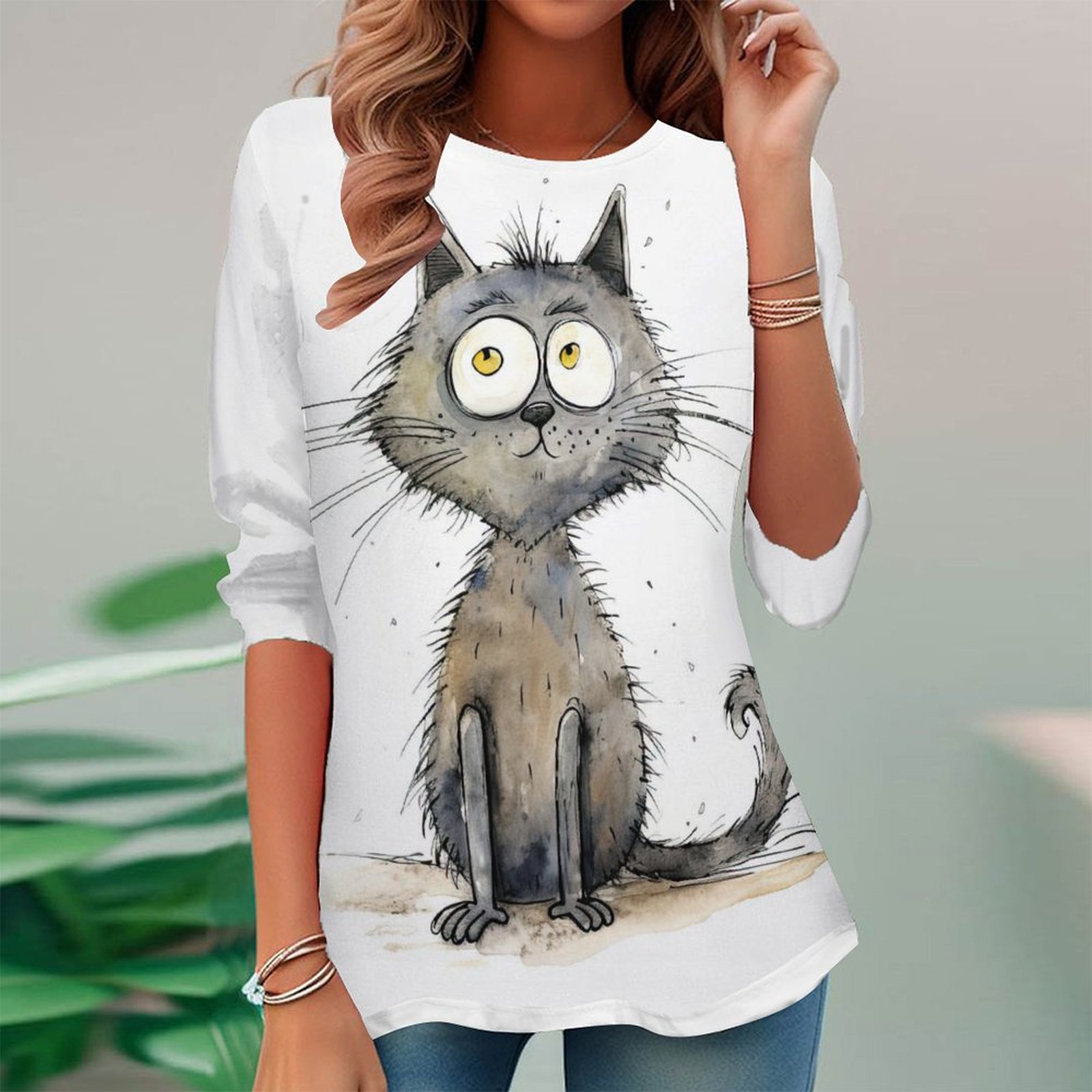 Women Long Sleeve V-neck Graphic Floral Printed Top