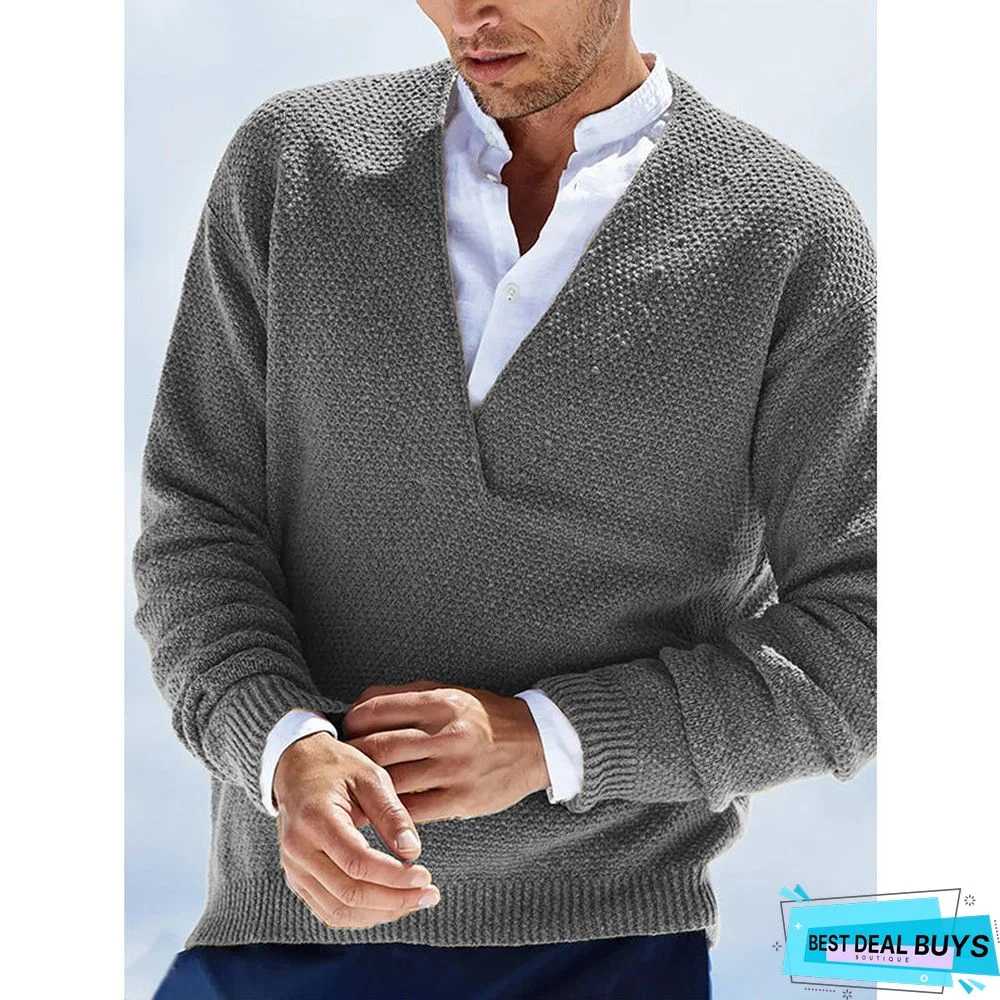 Solid Color Long Sleeve V-Neck Knitted Men's Sweater