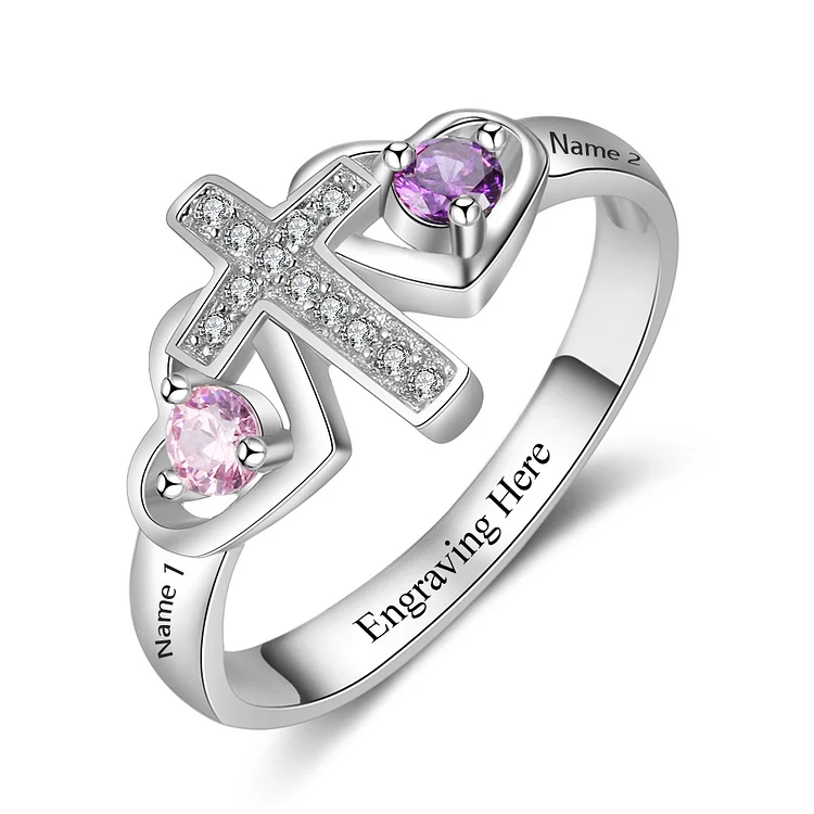 S925 Silver Ring Personalized 2 Birthstones Cross Ring With Names Gifts For Her