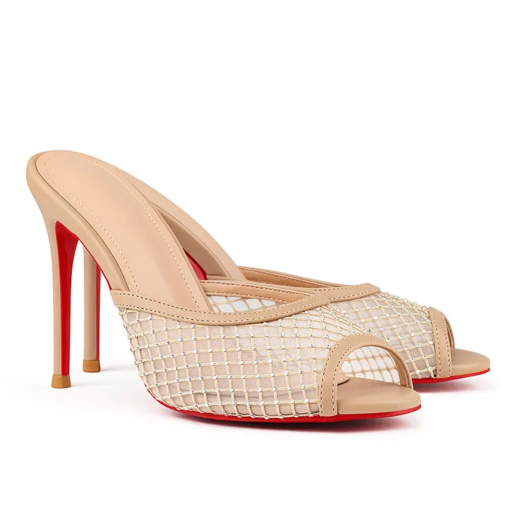 100mm Women's Sandals Pointed Toe Diamonds Mules Red Bottom Heels Slip on Stilettos VOCOSI VOCOSI