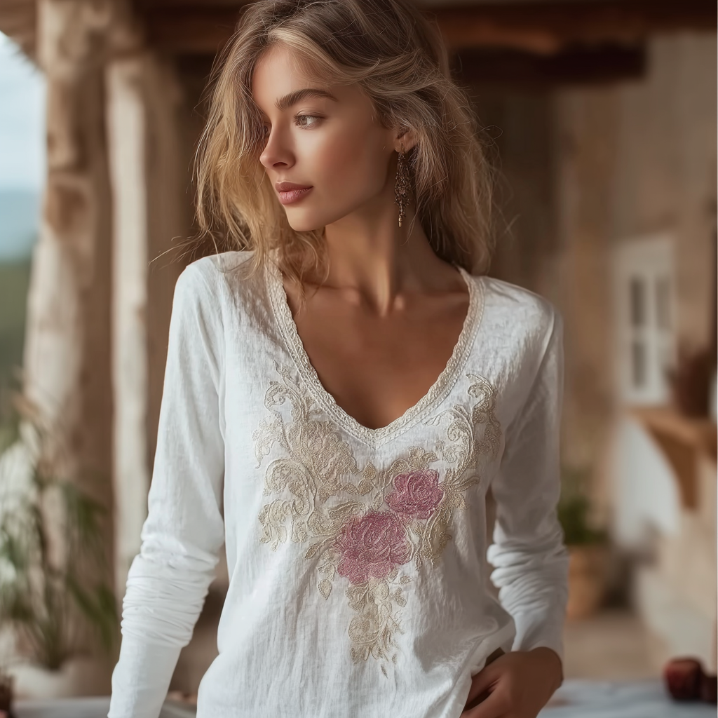 Lace Rose Embroidery Design V-neck Long-sleeve T-shirt elevenforest